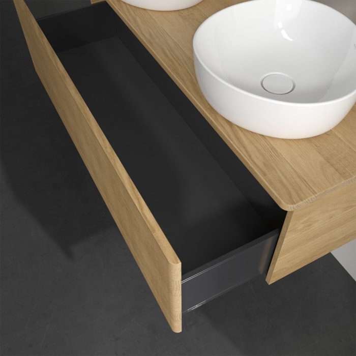 Villeroy & Boch Antao Waschbeckenunterschrank, 120 x 36 cm, 1 Auszug, Front mit Struktur, mit Hahnloch, für Waschtisch links und rechts