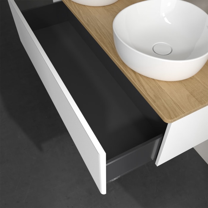 Villeroy & Boch Antao Waschbeckenunterschrank, 120 x 36 cm, 1 Auszug, Front mit Struktur, mit Hahnloch, für Waschtisch links und rechts