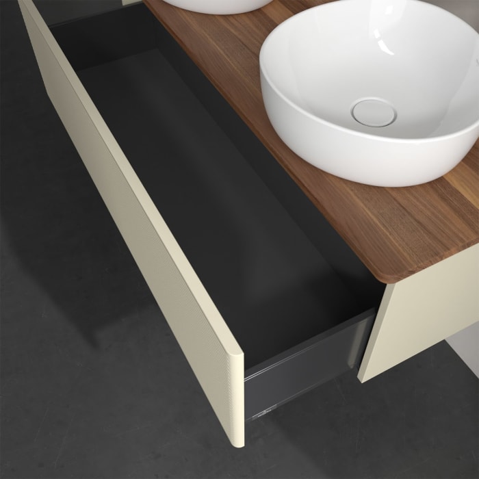 Villeroy & Boch Antao Waschbeckenunterschrank, 120 x 36 cm, 1 Auszug, Front mit Struktur, mit Hahnloch, für Waschtisch links und rechts