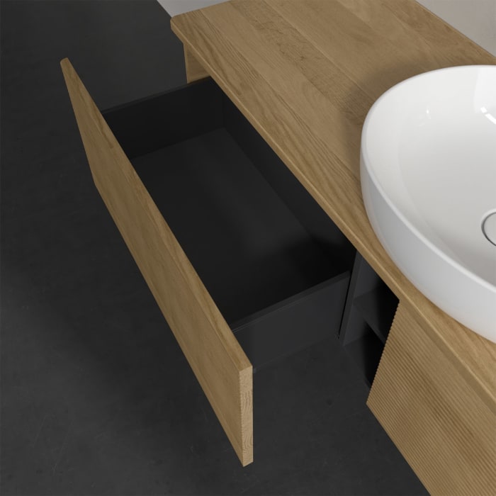 Villeroy & Boch Antao Waschbeckenunterschrank, 160 x 36 cm, 2 Auszüge, Front mit Struktur, ohne Hahnloch, für Waschtisch mittig