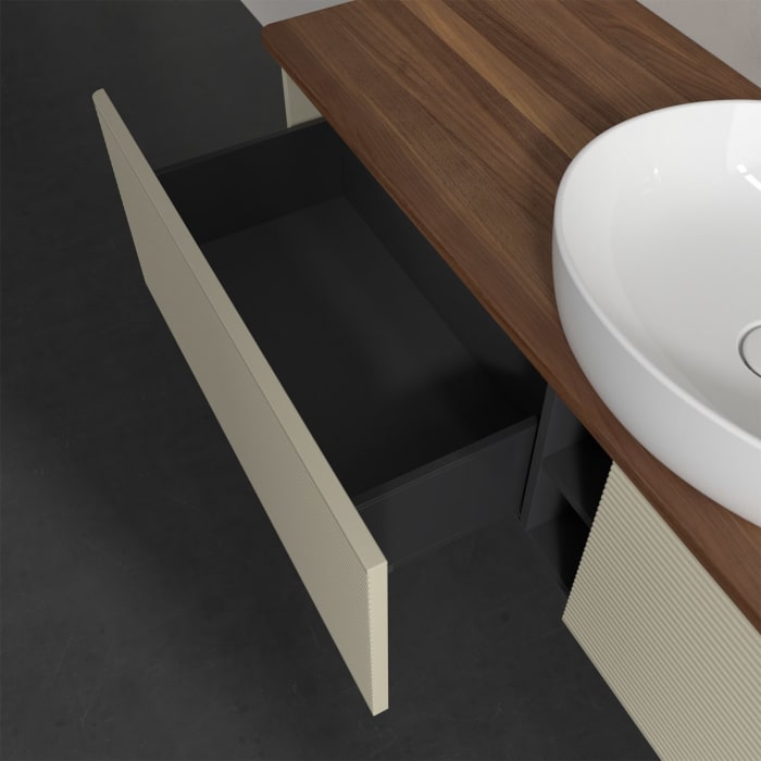 Villeroy & Boch Antao Waschbeckenunterschrank, 160 x 36 cm, 2 Auszüge, Front mit Struktur, ohne Hahnloch, für Waschtisch mittig