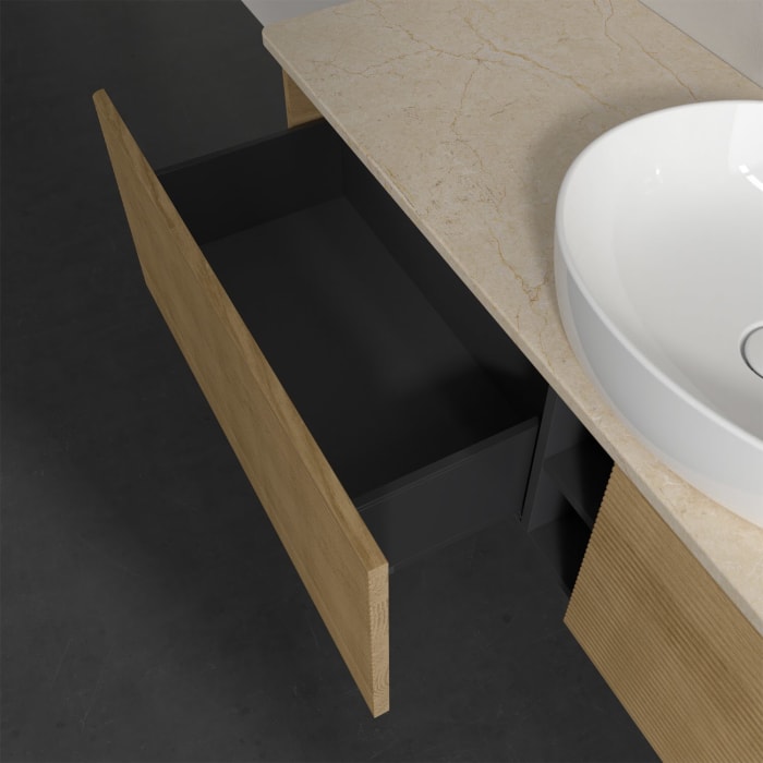 Villeroy & Boch Antao Waschbeckenunterschrank, 160 x 36 cm, 2 Auszüge, Front mit Struktur, ohne Hahnloch, für Waschtisch mittig