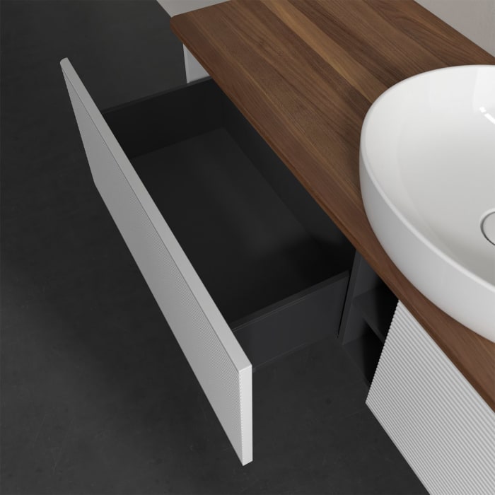 Villeroy & Boch Antao Waschbeckenunterschrank, 160 x 36 cm, 2 Auszüge, Front mit Struktur, mit Hahnloch, für Waschtisch mittig