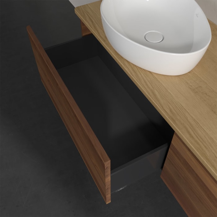 Villeroy & Boch Antao Waschbeckenunterschrank, 160 x 36 cm, 2 Auszüge, Front ohne Struktur, ohne Hahnloch, für Waschtisch links