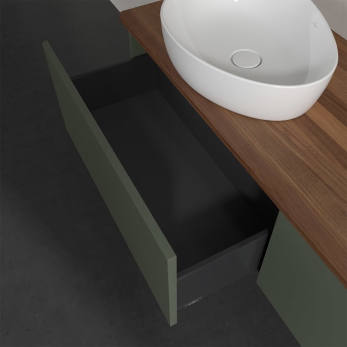 Villeroy & Boch Antao Waschbeckenunterschrank, 160 x 36 cm, 2 Auszüge, Front ohne Struktur, ohne Hahnloch, für Waschtisch links