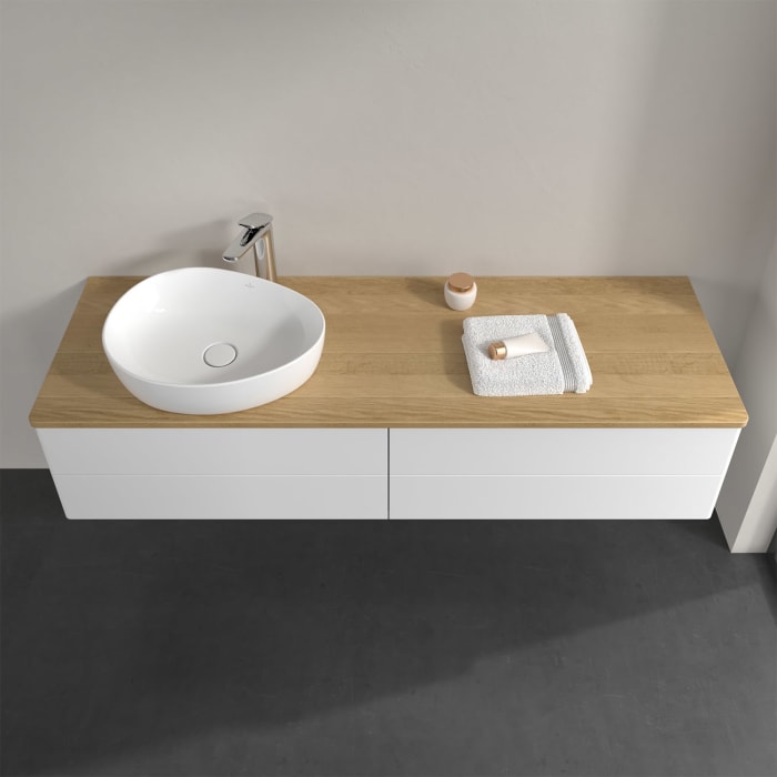 Villeroy & Boch Antao Waschbeckenunterschrank, 160 x 19 cm, 4 Auszüge, Fronten ohne Struktur, mit Hahnloch, für Waschtisch links