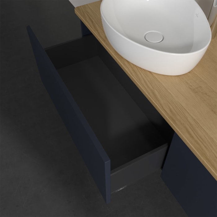 Villeroy & Boch Antao Waschbeckenunterschrank, 160 x 36 cm, 2 Auszüge, Front ohne Struktur, mit Hahnloch, für Waschtisch links