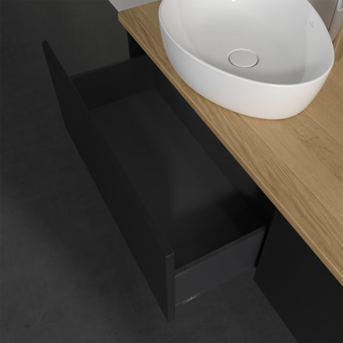 Villeroy & Boch Antao Waschbeckenunterschrank, 160 x 36 cm, 2 Auszüge, Front ohne Struktur, mit Hahnloch, für Waschtisch links