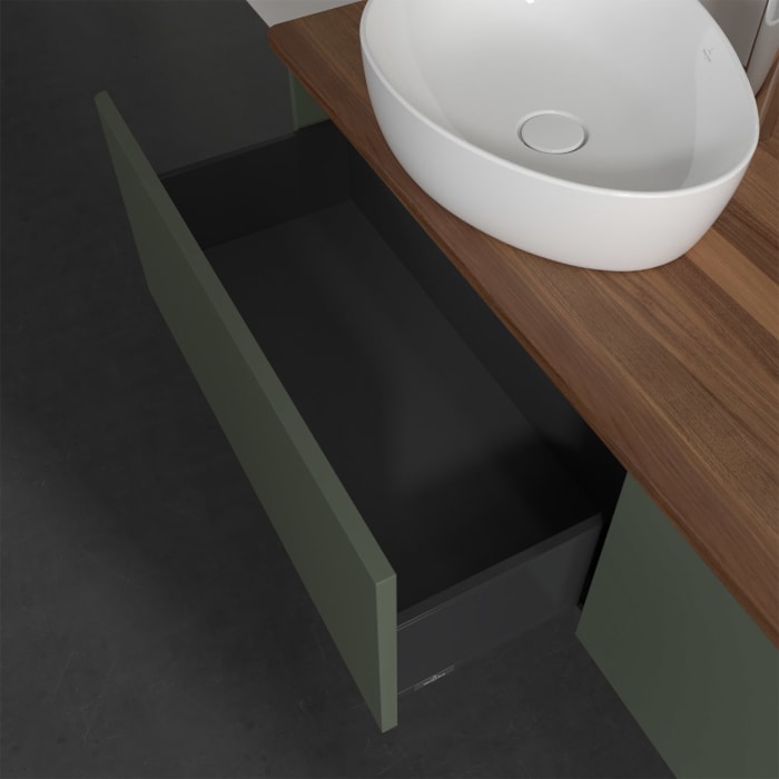 Villeroy & Boch Antao Waschbeckenunterschrank, 160 x 36 cm, 2 Auszüge, Front ohne Struktur, mit Hahnloch, für Waschtisch links