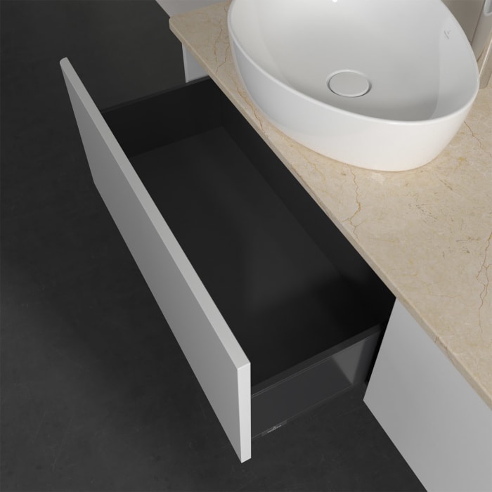 Villeroy & Boch Antao Waschbeckenunterschrank, 160 x 36 cm, 2 Auszüge, Front ohne Struktur, mit Hahnloch, für Waschtisch links