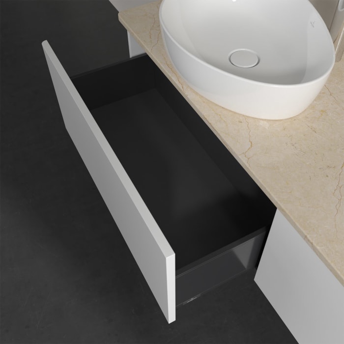 Villeroy & Boch Antao Waschbeckenunterschrank, 160 x 36 cm, 2 Auszüge, Front ohne Struktur, mit Hahnloch, für Waschtisch links