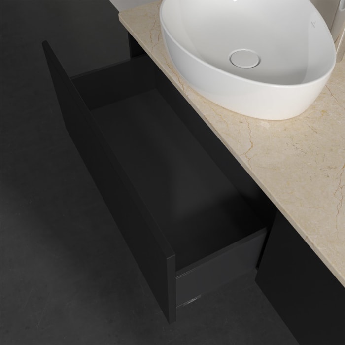 Villeroy & Boch Antao Waschbeckenunterschrank, 160 x 36 cm, 2 Auszüge, Front ohne Struktur, mit Hahnloch, für Waschtisch links