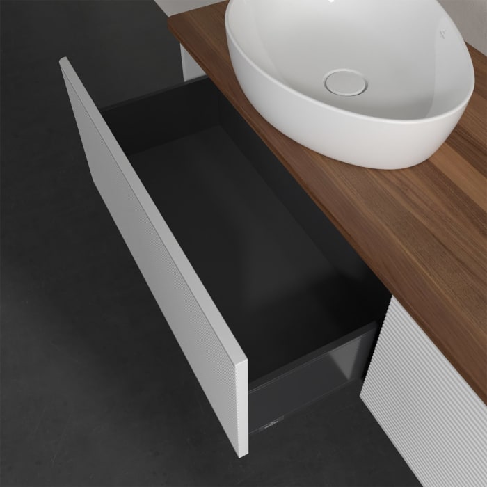 Villeroy & Boch Antao Waschbeckenunterschrank, 160 x 36 cm, 2 Auszüge, Front mit Struktur, ohne Hahnloch, für Waschtisch links