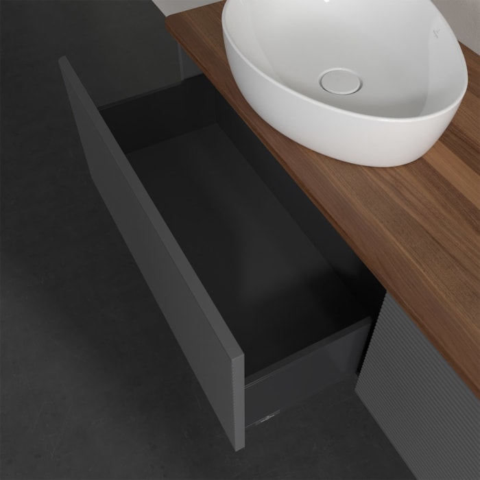 Villeroy & Boch Antao Waschbeckenunterschrank, 160 x 36 cm, 2 Auszüge, Front mit Struktur, ohne Hahnloch, für Waschtisch links