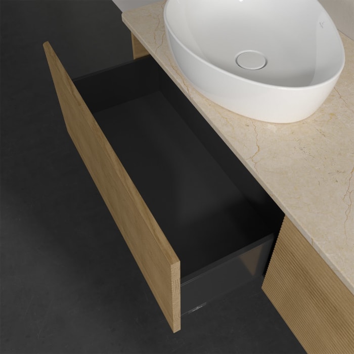 Villeroy & Boch Antao Waschbeckenunterschrank, 160 x 36 cm, 2 Auszüge, Front mit Struktur, ohne Hahnloch, für Waschtisch links