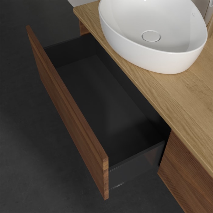 Villeroy & Boch Antao Waschbeckenunterschrank, 160 x 36 cm, 2 Auszüge, Front mit Struktur, mit Hahnloch, für Waschtisch links