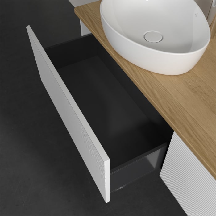 Villeroy & Boch Antao Waschbeckenunterschrank, 160 x 36 cm, 2 Auszüge, Front mit Struktur, mit Hahnloch, für Waschtisch links