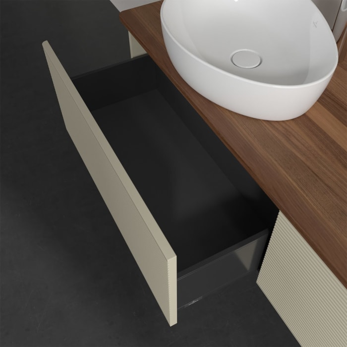 Villeroy & Boch Antao Waschbeckenunterschrank, 160 x 36 cm, 2 Auszüge, Front mit Struktur, mit Hahnloch, für Waschtisch links