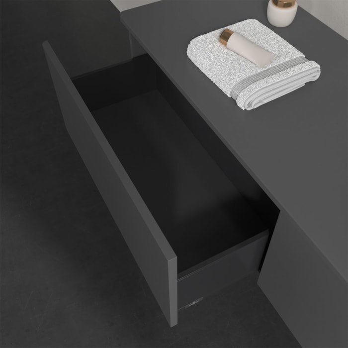 Villeroy & Boch Antao Waschbeckenunterschrank, 160 x 36 cm, 2 Auszüge, Front ohne Struktur, ohne Hahnloch, für Waschtisch rechts