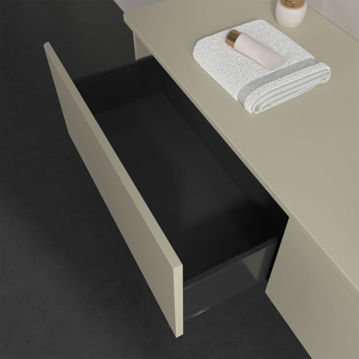 Villeroy & Boch Antao Waschbeckenunterschrank, 160 x 36 cm, 2 Auszüge, Front ohne Struktur, ohne Hahnloch, für Waschtisch rechts