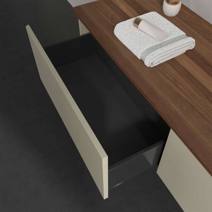 Villeroy & Boch Antao Waschbeckenunterschrank, 160 x 36 cm, 2 Auszüge, Front ohne Struktur, ohne Hahnloch, für Waschtisch rechts