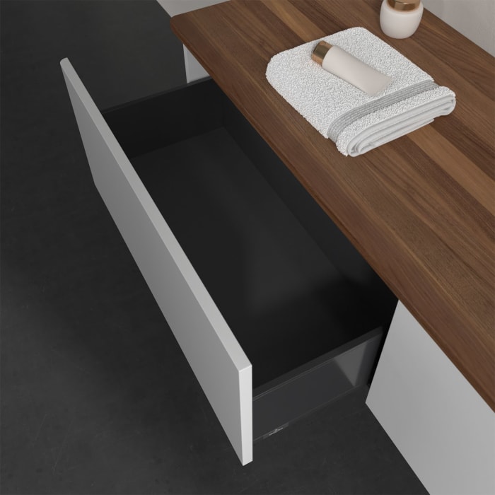 Villeroy & Boch Antao Waschbeckenunterschrank, 160 x 36 cm, 2 Auszüge, Front ohne Struktur, mit Hahnloch, für Waschtisch rechts