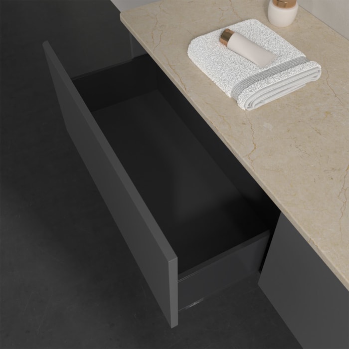 Villeroy & Boch Antao Waschbeckenunterschrank, 160 x 36 cm, 2 Auszüge, Front ohne Struktur, mit Hahnloch, für Waschtisch rechts