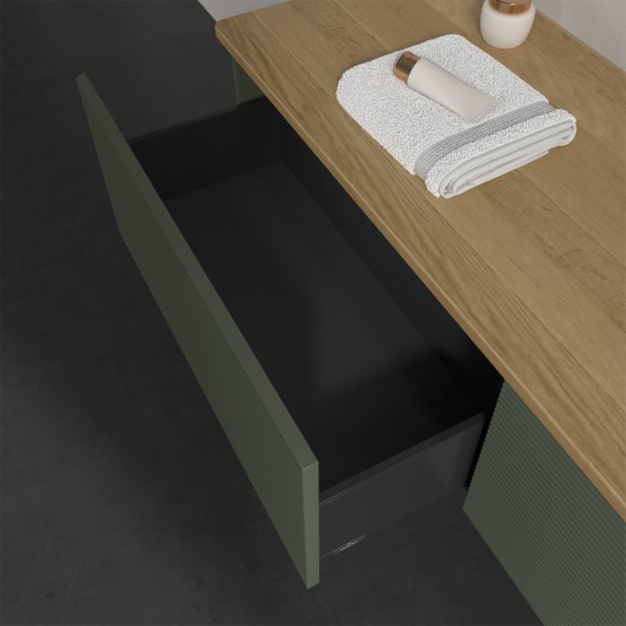 Villeroy & Boch Antao Waschbeckenunterschrank, 160 x 36 cm, 2 Auszüge, Front mit Struktur, ohne Hahnloch, für Waschtisch rechts