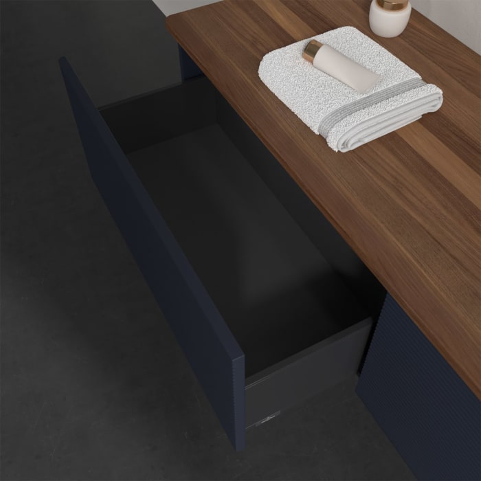 Villeroy & Boch Antao Waschbeckenunterschrank, 160 x 36 cm, 2 Auszüge, Front mit Struktur, ohne Hahnloch, für Waschtisch rechts