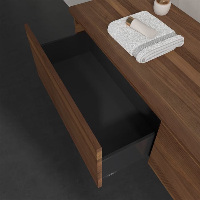 Villeroy & Boch Antao Waschbeckenunterschrank, 160 x 36 cm, 2 Auszüge, Front mit Struktur, ohne Hahnloch, für Waschtisch rechts