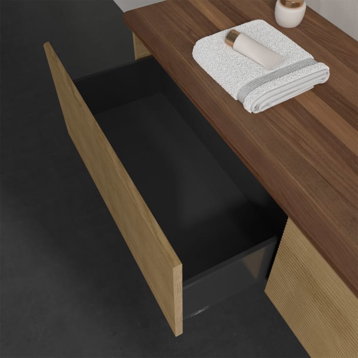 Villeroy & Boch Antao Waschbeckenunterschrank, 160 x 36 cm, 2 Auszüge, Front mit Struktur, ohne Hahnloch, für Waschtisch rechts