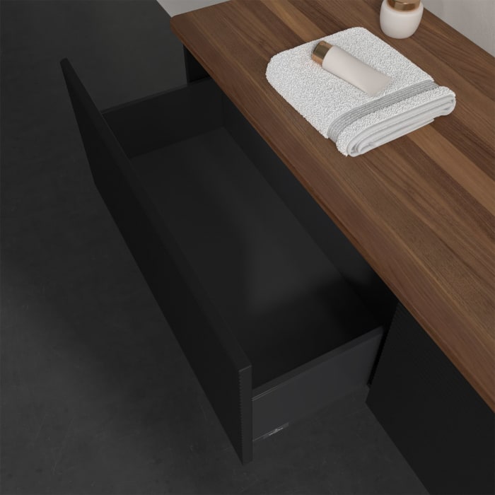 Villeroy & Boch Antao Waschbeckenunterschrank, 160 x 36 cm, 2 Auszüge, Front mit Struktur, mit Hahnloch, für Waschtisch rechts