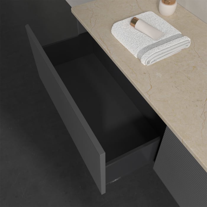 Villeroy & Boch Antao Waschbeckenunterschrank, 160 x 36 cm, 2 Auszüge, Front mit Struktur, mit Hahnloch, für Waschtisch rechts