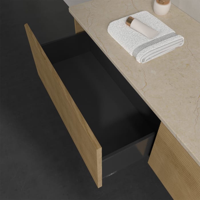 Villeroy & Boch Antao Waschbeckenunterschrank, 160 x 36 cm, 2 Auszüge, Front mit Struktur, mit Hahnloch, für Waschtisch rechts