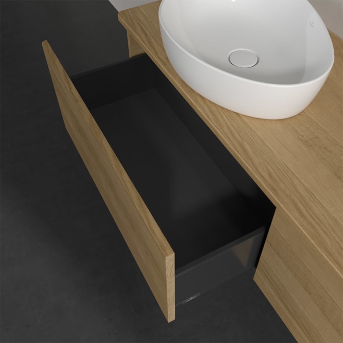 Villeroy & Boch Antao Waschbeckenunterschrank, 160 x 36 cm, 2 Auszüge, Front ohne Struktur, ohne Hahnloch, für Waschtisch links und rechts