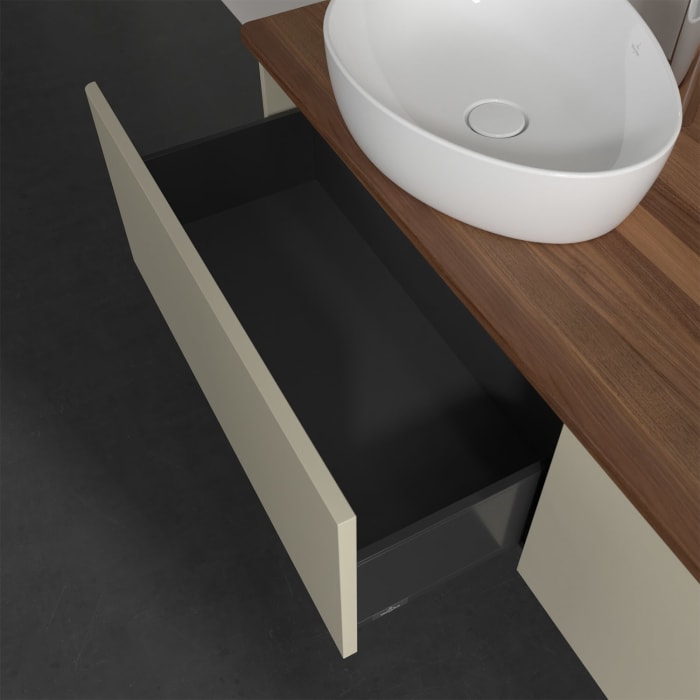 Villeroy & Boch Antao Waschbeckenunterschrank, 160 x 36 cm, 2 Auszüge, Front ohne Struktur, mit Hahnloch, für Waschtisch links und rechts