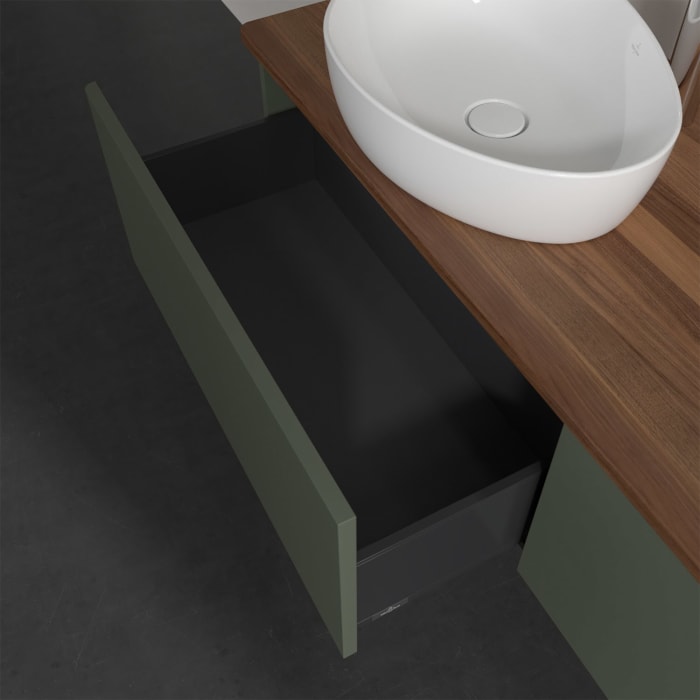 Villeroy & Boch Antao Waschbeckenunterschrank, 160 x 36 cm, 2 Auszüge, Front ohne Struktur, mit Hahnloch, für Waschtisch links und rechts