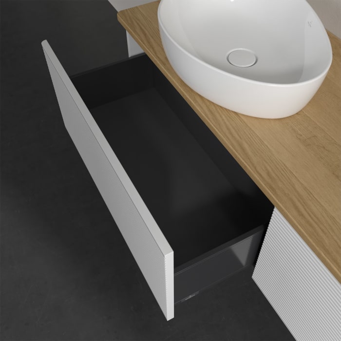 Villeroy & Boch Antao Waschbeckenunterschrank, 160 x 36 cm, 2 Auszüge, Front mit Struktur, ohne Hahnloch, für Waschtisch links und rechts