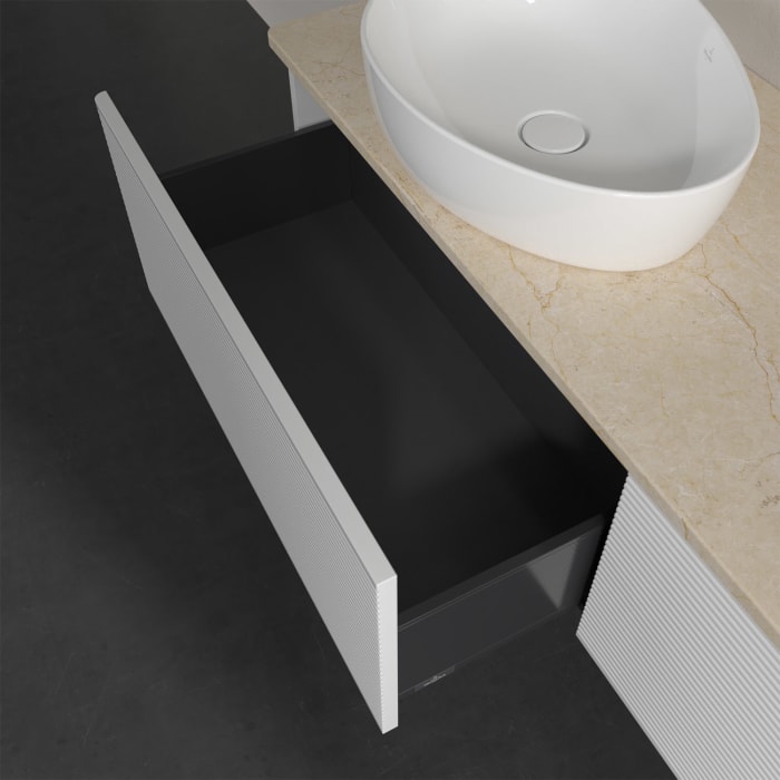 Villeroy & Boch Antao Waschbeckenunterschrank, 160 x 36 cm, 2 Auszüge, Front mit Struktur, ohne Hahnloch, für Waschtisch links und rechts