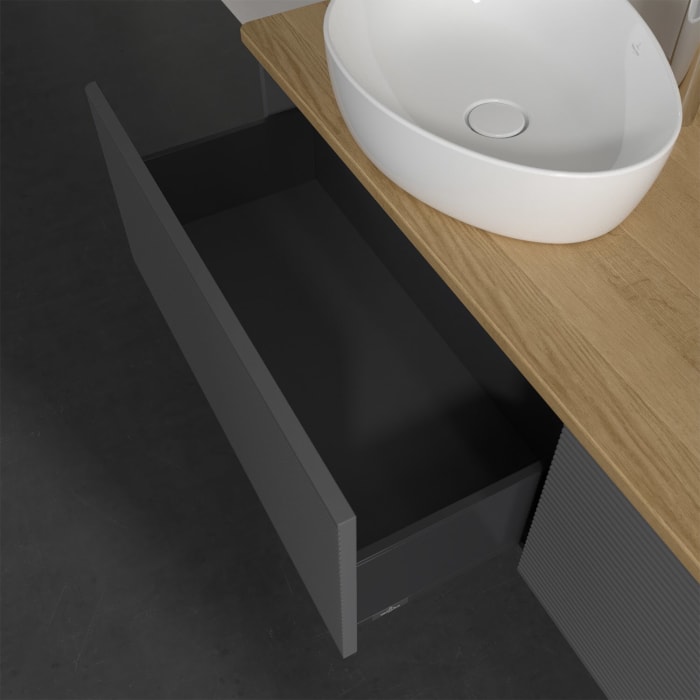 Villeroy & Boch Antao Waschbeckenunterschrank, 160 x 36 cm, 2 Auszüge, Front mit Struktur, mit Hahnloch, für Waschtisch links und rechts