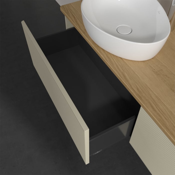 Villeroy & Boch Antao Waschbeckenunterschrank, 160 x 36 cm, 2 Auszüge, Front mit Struktur, mit Hahnloch, für Waschtisch links und rechts