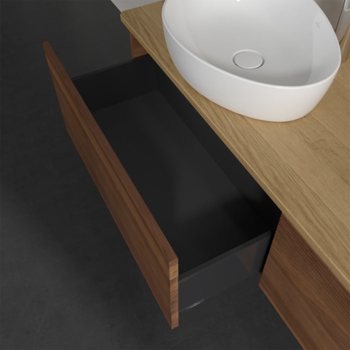 Villeroy & Boch Antao Waschbeckenunterschrank, 160 x 36 cm, 2 Auszüge, Front mit Struktur, mit Hahnloch, für Waschtisch links und rechts