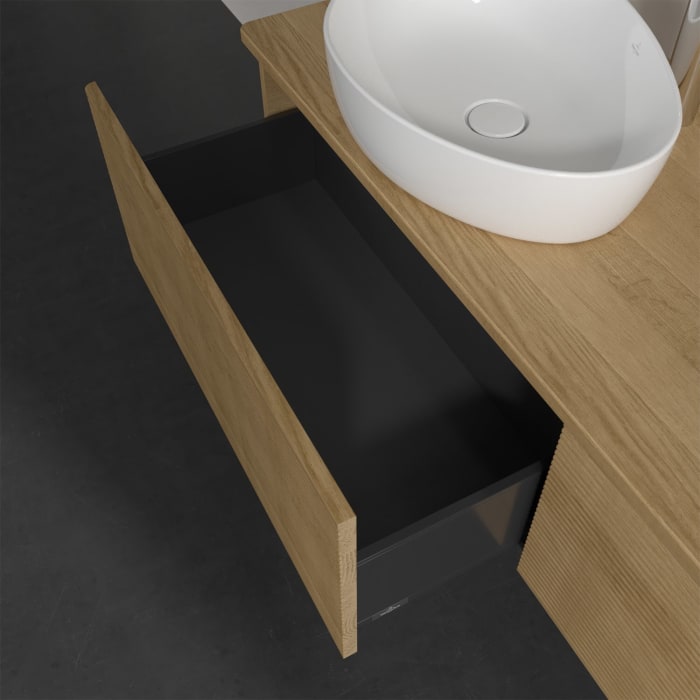 Villeroy & Boch Antao Waschbeckenunterschrank, 160 x 36 cm, 2 Auszüge, Front mit Struktur, mit Hahnloch, für Waschtisch links und rechts