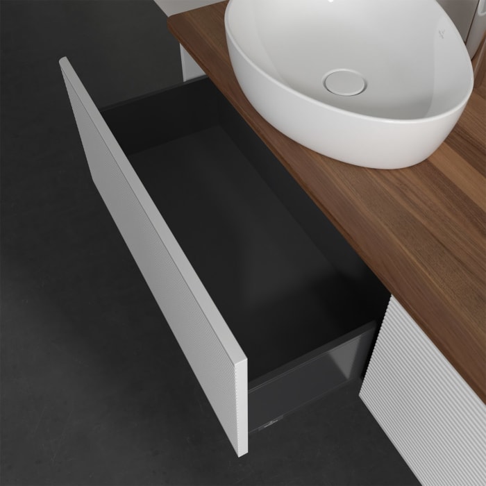 Villeroy & Boch Antao Waschbeckenunterschrank, 160 x 36 cm, 2 Auszüge, Front mit Struktur, mit Hahnloch, für Waschtisch links und rechts