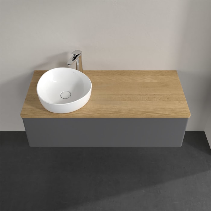 Villeroy & Boch Antao Waschbeckenunterschrank, 120 x 36 cm, 1 Auszug, Front ohne Struktur, mit Hahnloch, für Waschtisch links