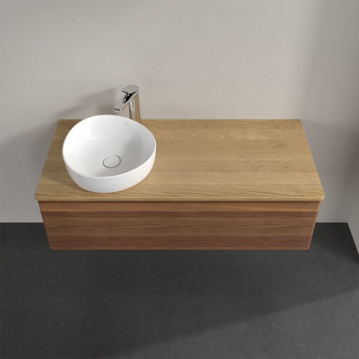 Villeroy & Boch Antao Waschbeckenunterschrank, 120 x 36 cm, 1 Auszug, Front ohne Struktur, mit Hahnloch, für Waschtisch links