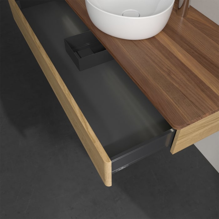 Villeroy & Boch Antao Waschbeckenunterschrank, 120 x 19 cm, 1 Auszug mit LED-Licht, Front ohne Struktur, mit Hahnloch, für Waschtisch mittig