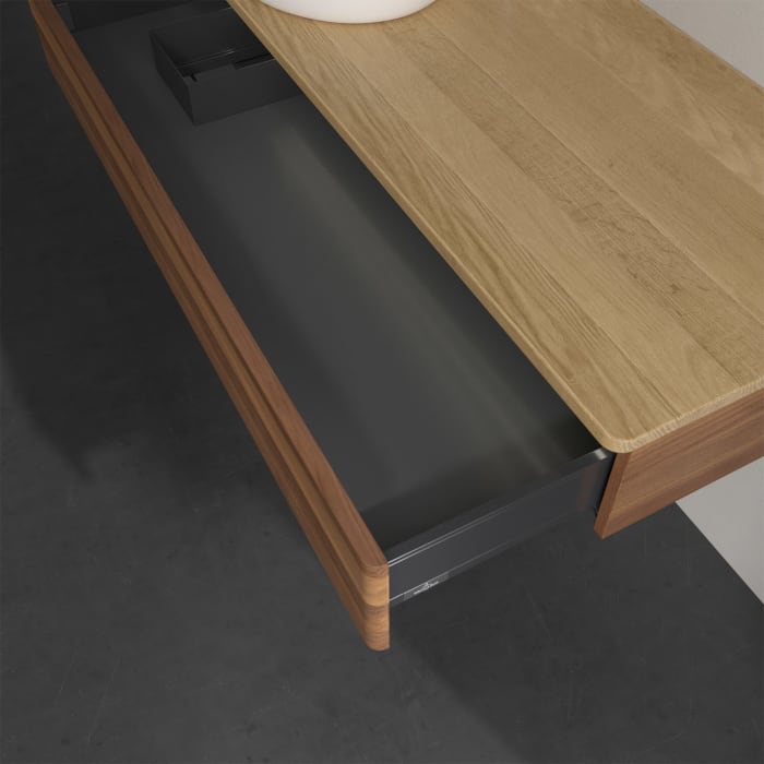 Villeroy & Boch Antao Waschbeckenunterschrank, 120 x 19 cm, 1 Auszug mit LED-Licht, Front ohne Struktur, mit Hahnloch, für Waschtisch links