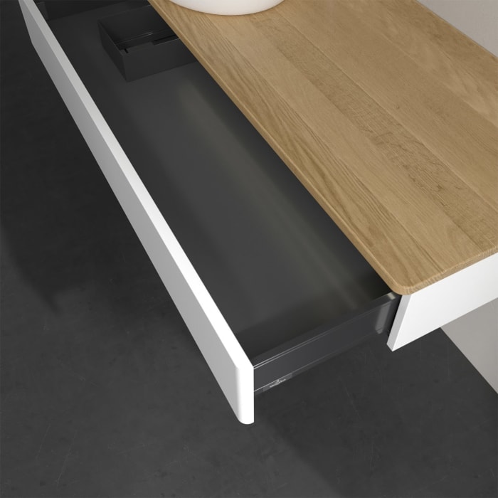 Villeroy & Boch Antao Waschbeckenunterschrank, 120 x 19 cm, 1 Auszug mit LED-Licht, Front ohne Struktur, mit Hahnloch, für Waschtisch links