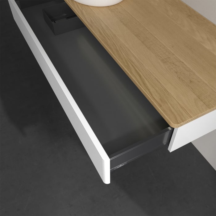 Villeroy & Boch Antao Waschbeckenunterschrank, 120 x 19 cm, 1 Auszug mit LED-Licht, Front mit Struktur, ohne Hahnloch, für Waschtisch links